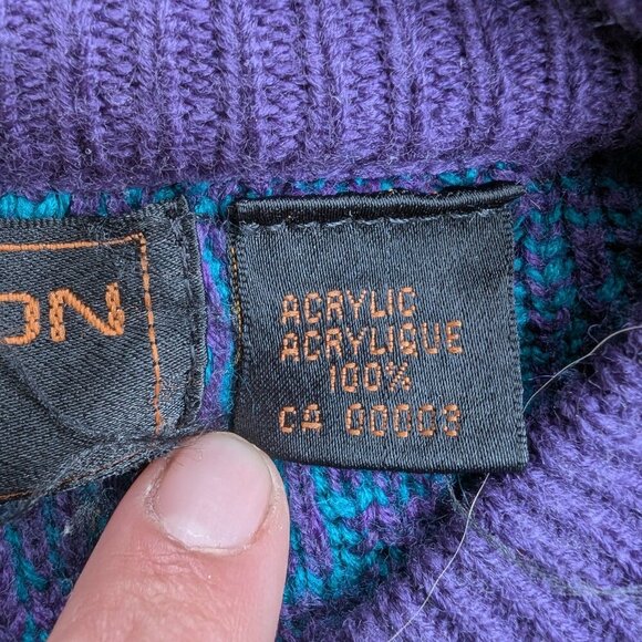 Vintage 90s Intermission Aztec Geometric Knit Sweater - Teal Purple Blue XL - Picture 4 of 8